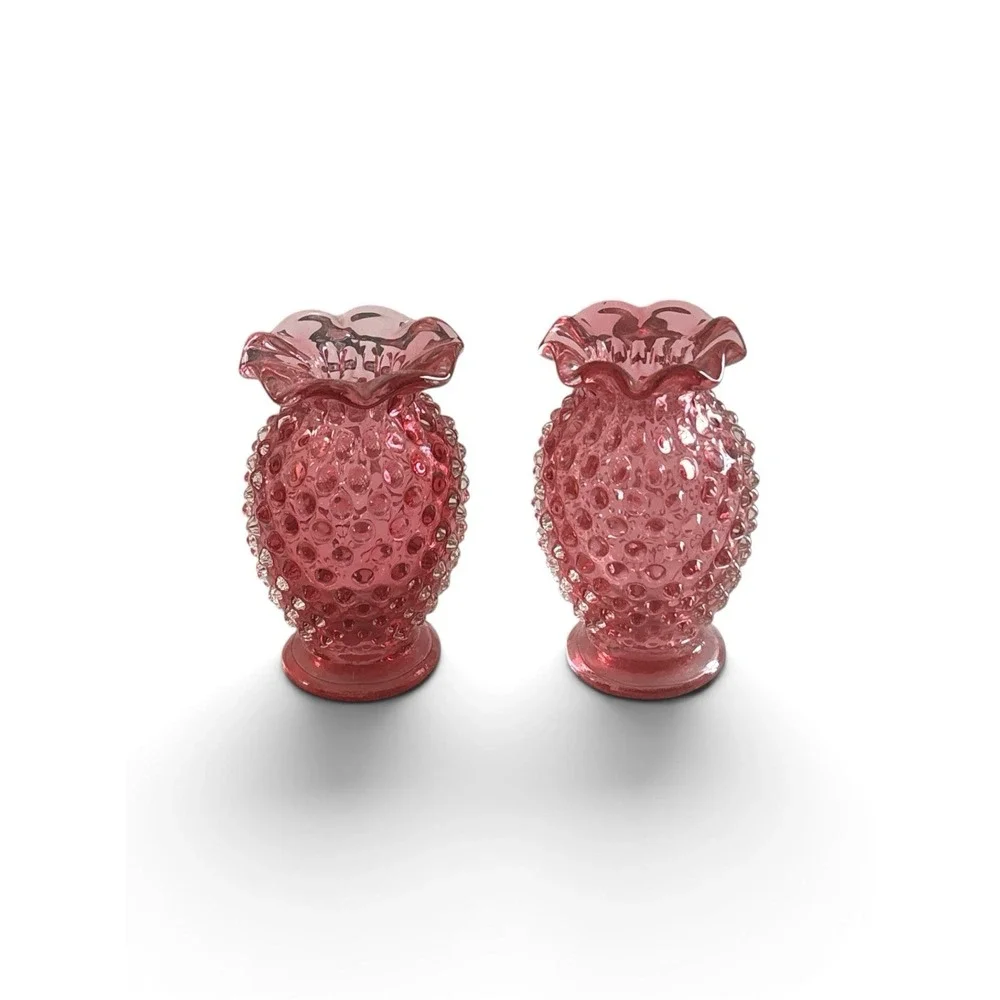 Vintage Fenton Cranberry Opalescent Hobnail Ruffled Mini Bud Vase pair 4